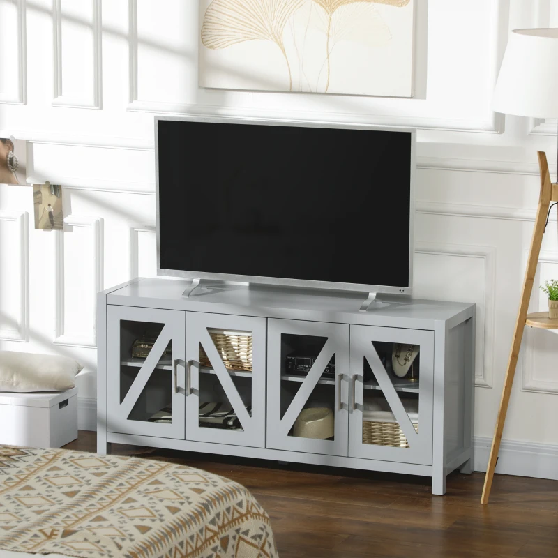 HOMCOM TV Cabinet Stand for TVs up to 58", Entertainment Center with Adjustable Shelves, 4 Glass Doors and 4 Cable Holes, Gray