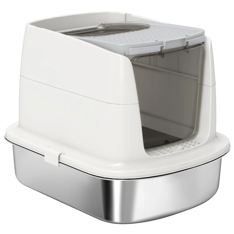 PawHut Large Stainless Steel Litter Box, Enclosed Metal Cat Litter Tray with Scoop, Deodoriser Bag, Front-Entry and Top-Exit