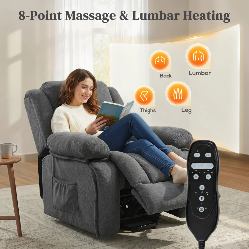 HOMCOM Overstuffed Power Lift Recliner Chair with Vibration Massage and Heat, Side Pockets, Pocket Spring, for Adults, Gray