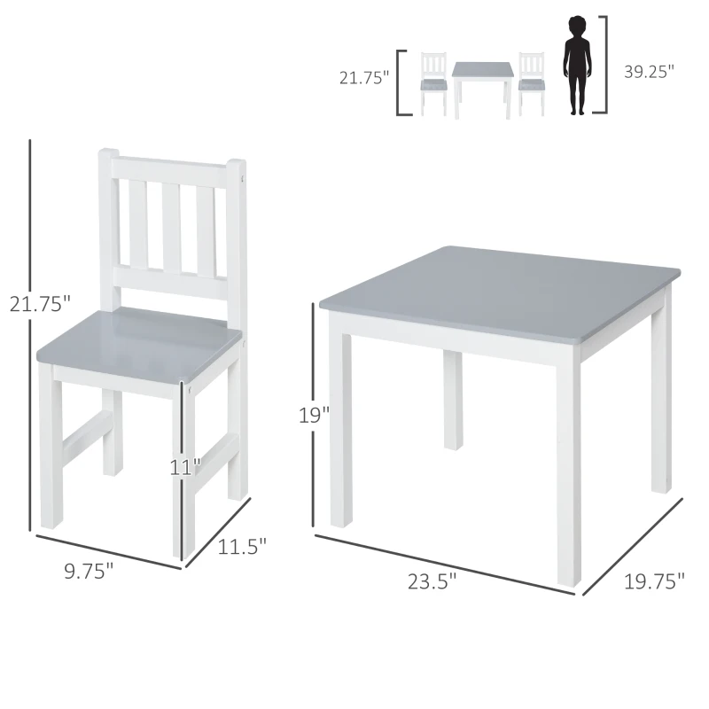Qaba Kids 3 Piece Table and Chair Set Ideal for Arts, Meals, Lightweight Wooden Homework Activity Center, Toddlers Age 3+, Grey