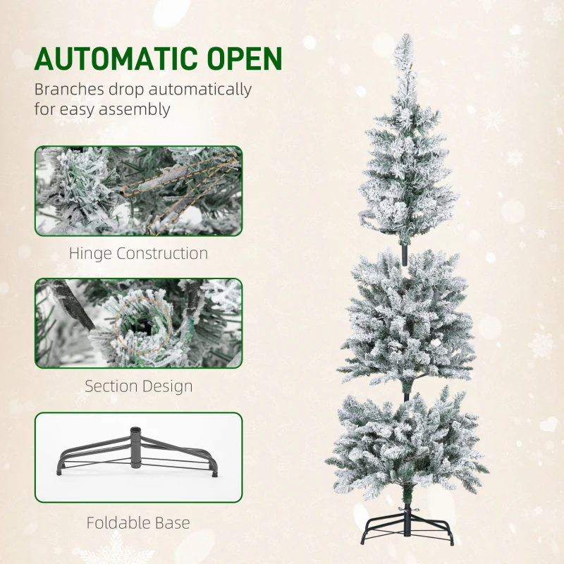 HOMCOM 6ft Flocked Christmas Tree with Dual Colour LED Light, Pencil Hinged Xmas Tree with 11 Light Modes, Easy Assembly