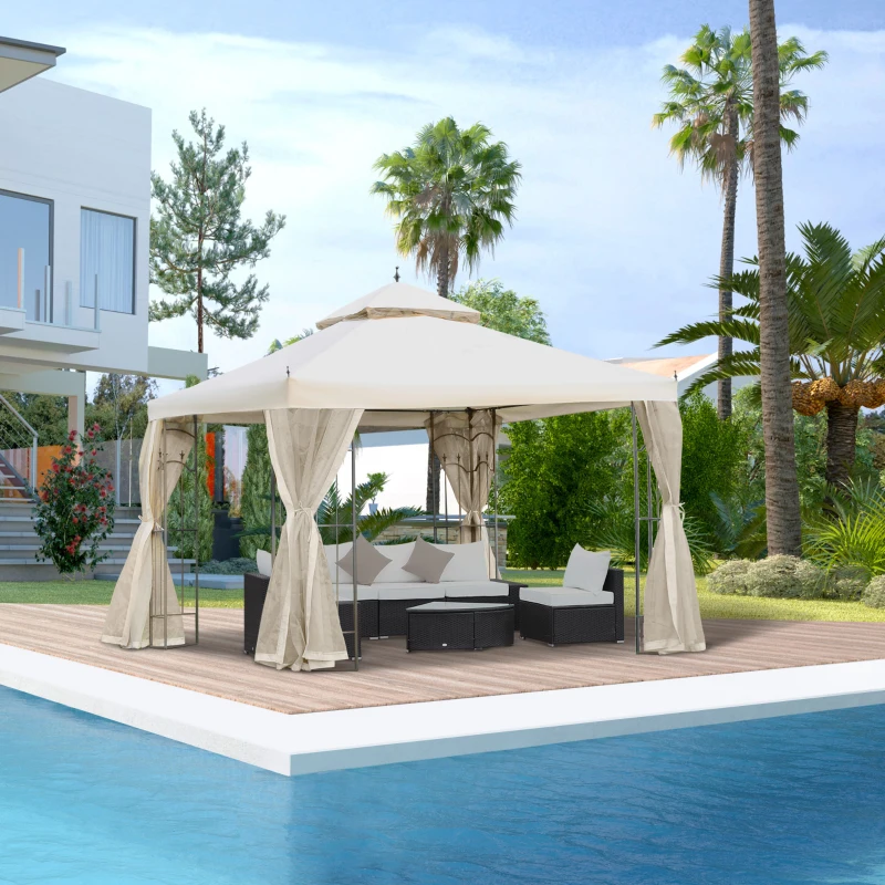 Outsunny 10' x 10' Steel Outdoor Patio Gazebo Canopy with Removable Mesh Curtains, Display Shelves, & Steel Frame, Beige