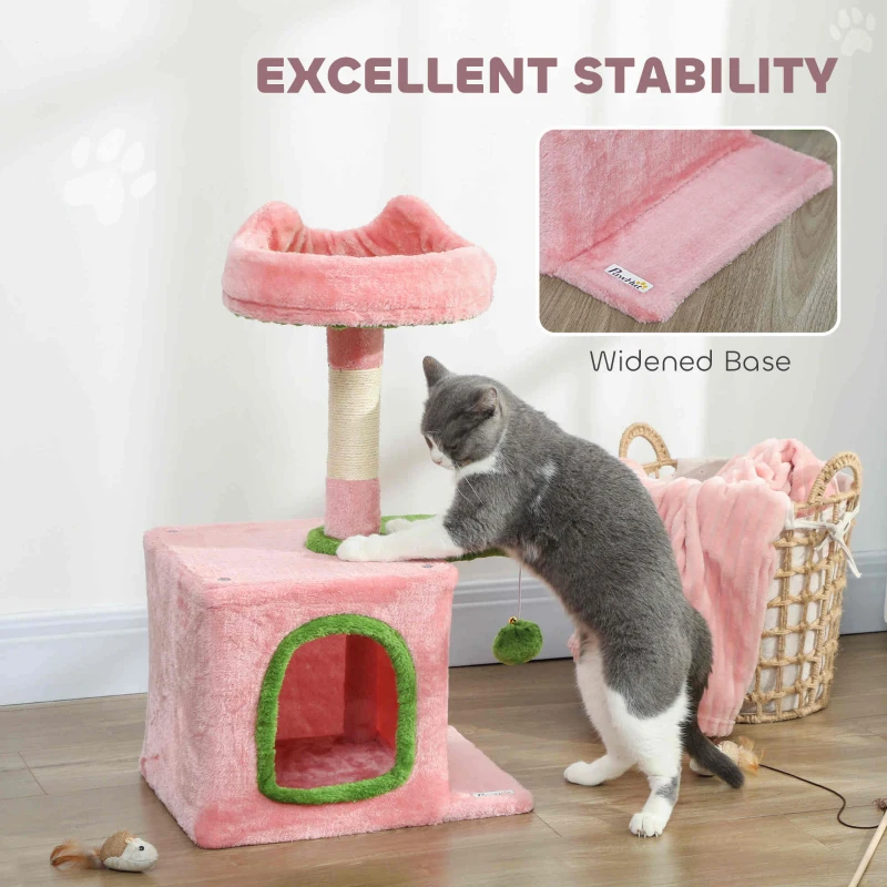 PawHut 28" Cat Tree Tower with Plush Top Bed, Cozy Condo, Sisal Scratching Post, Perch, Dangling Ball, Pink & Green