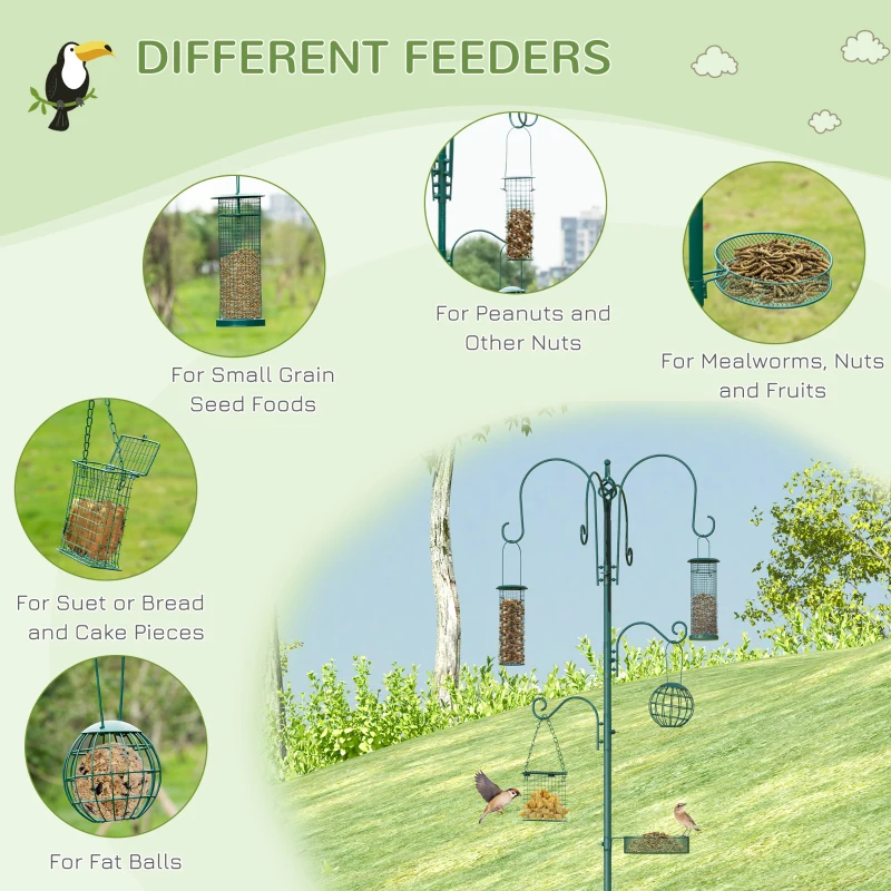 PawHut 6 Hook Feeding Station, Steel Multi-Feeder Kit Stand with 4 Bird Feeders, Mesh Tray, Water Dish and 4-Prong Base, Green