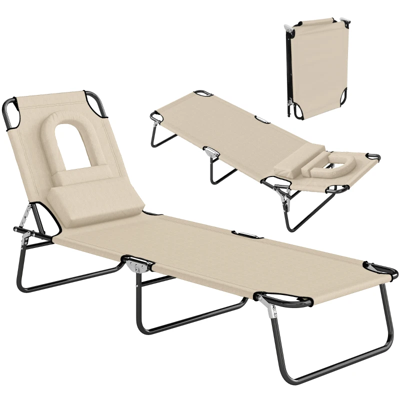Outsunny Outdoor Lounge Chair, Garden Folding Chaise Lounge w/ Adjustable Backrest, Face Hole and Support Pillow, Beige