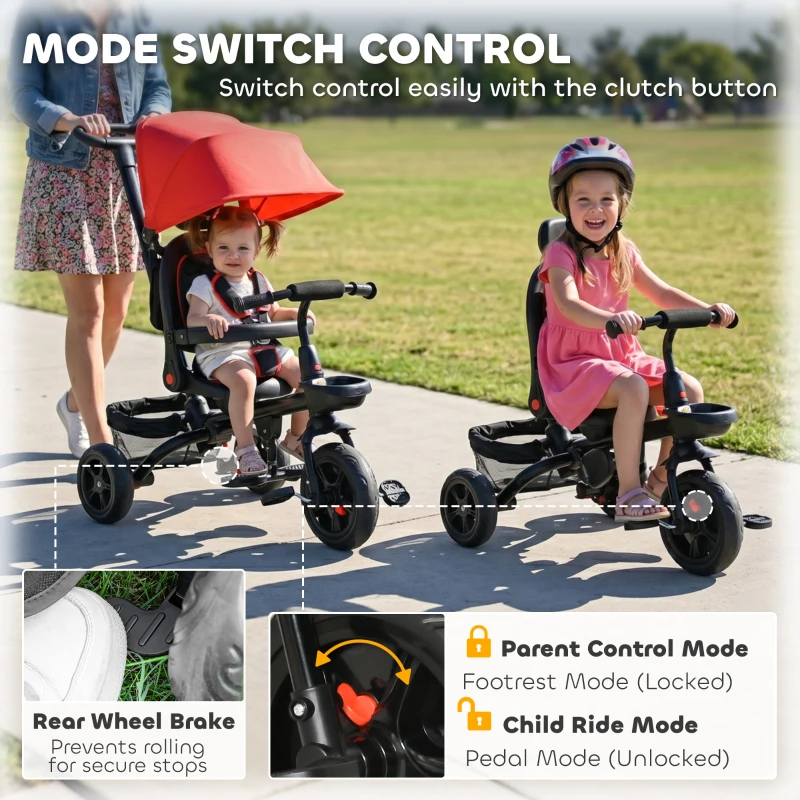 Qaba Tricycle for Toddler 5 in 1 Kids Trike, Foldable Converts Stroller to Toddler Bike, Adjustable Backrest & Curved Canopy, Detachable Guardrail & Handle for 1-5 Years Old, Red