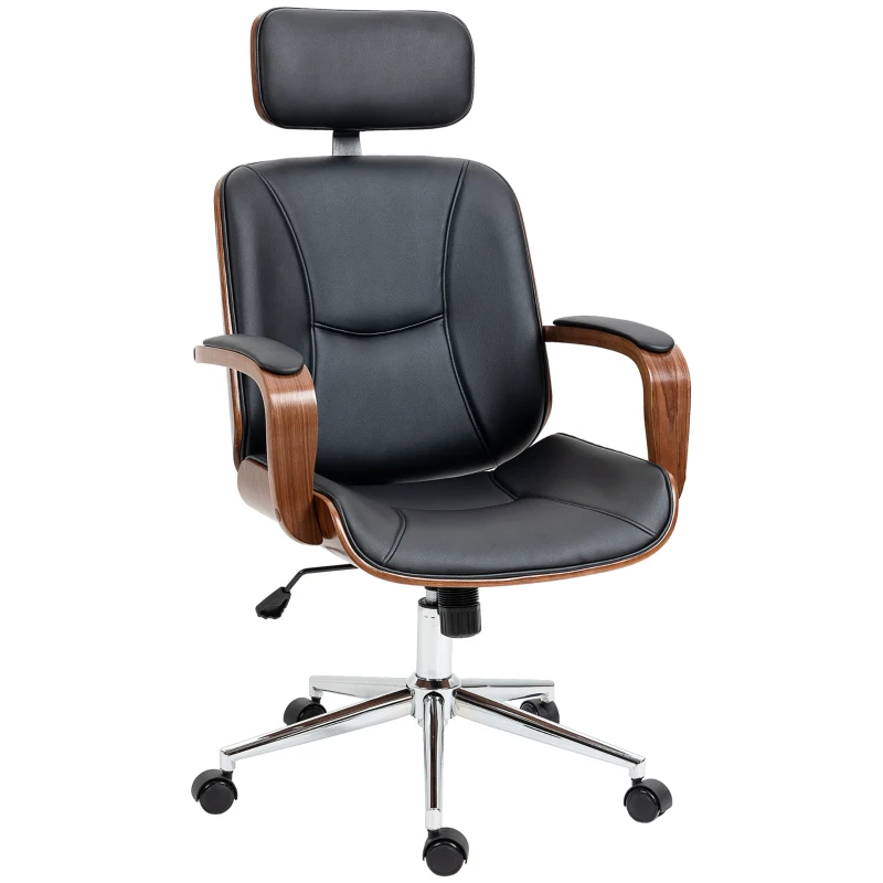 HOMCOM Office Chair, PU Leather Desk Chair with Removable Headrest, Adjustable Height, Tilt Function and with Wheels, Black