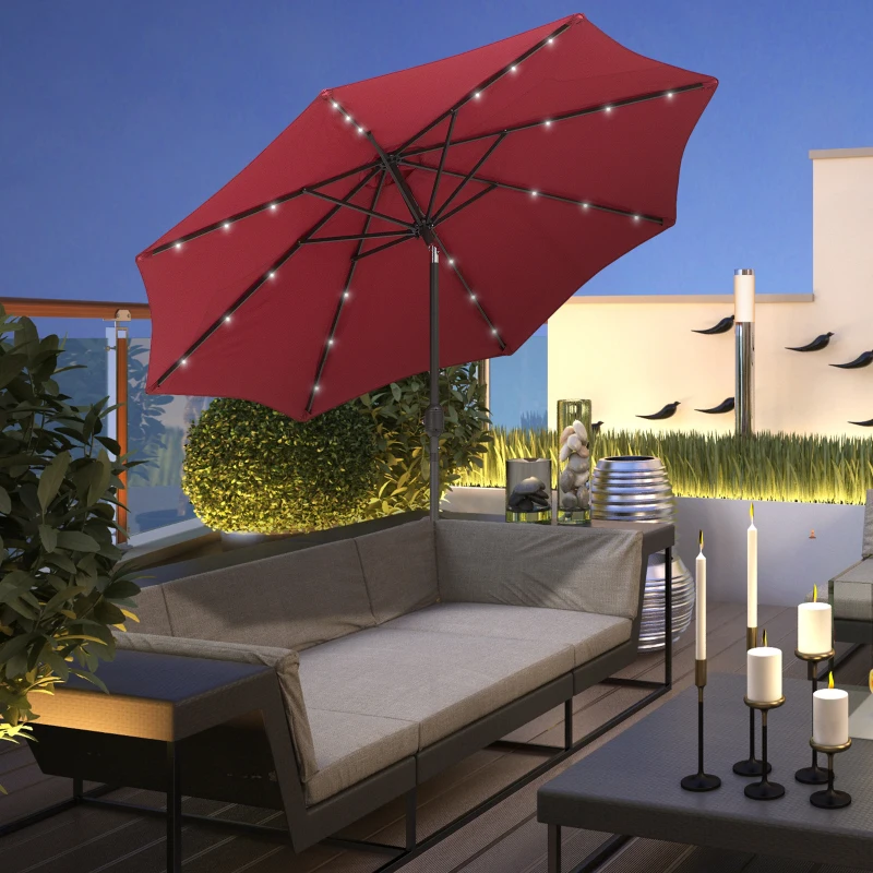 Outsunny 9ft Solar Patio Umbrella Outdoor Sunshade 24 LED Lights Tilt Canopy, Wine Red