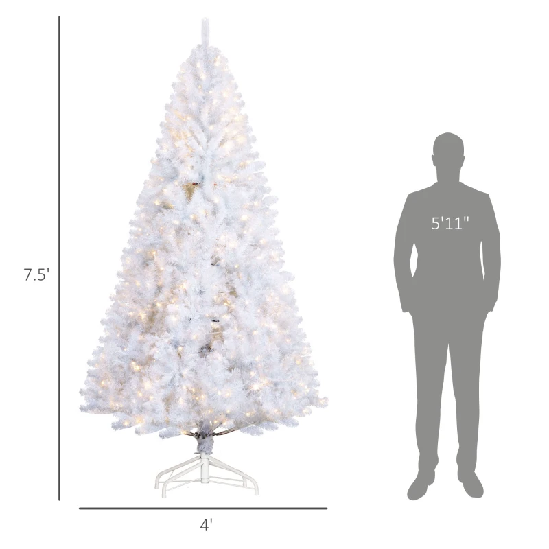 HOMCOM 7.5 FT Tall PreLit Artificial Christmas Tree with Realistic Branches, 500 Warm White LED Lights and 1346 Tips, White