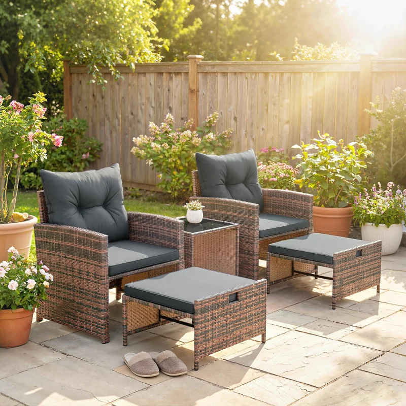 Outsunny 5 Piece Patio Furniture Set, Wicker Patio Chairs with Ottomans, 2-Tier Glass Coffee Table and Cushions, Brown/Dark Grey