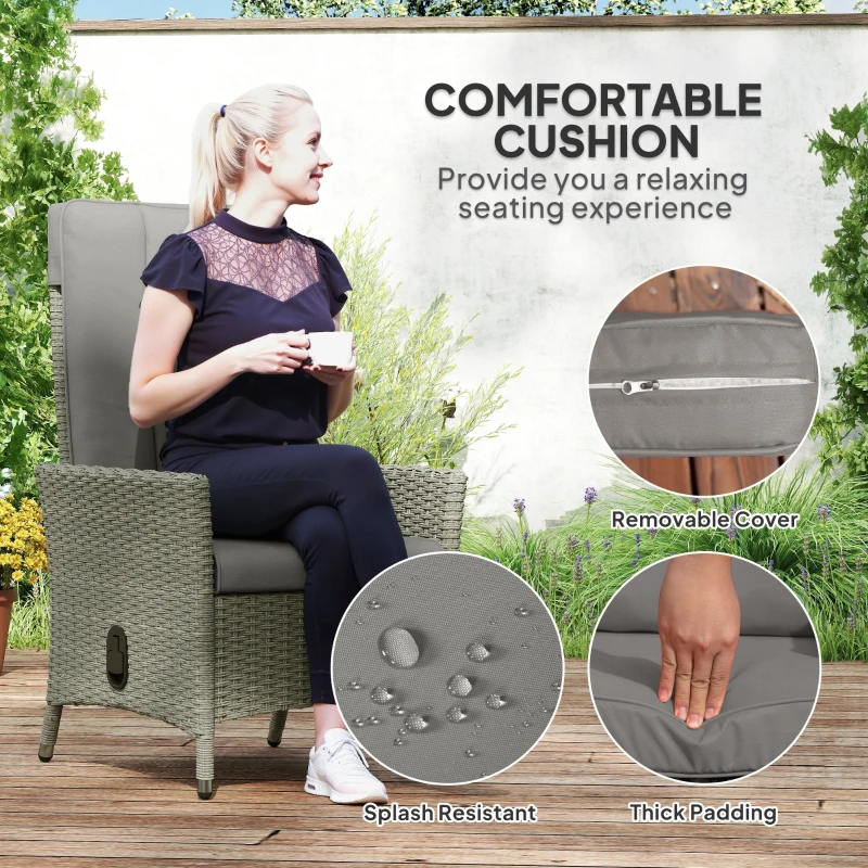 Outsunny Wicker Outdoor Recliner Chair, Wicker Reclining Patio Chair with Adjustable Backrest and Cushion, Grey