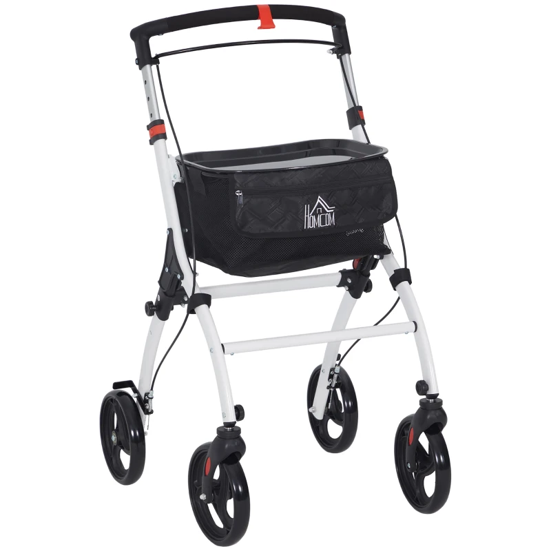 HOMCOM Upright Walker Rollator, Rolling Walker with Storage Bag, Tray, Dual Brakes, Adjustable Height, for Seniors, White