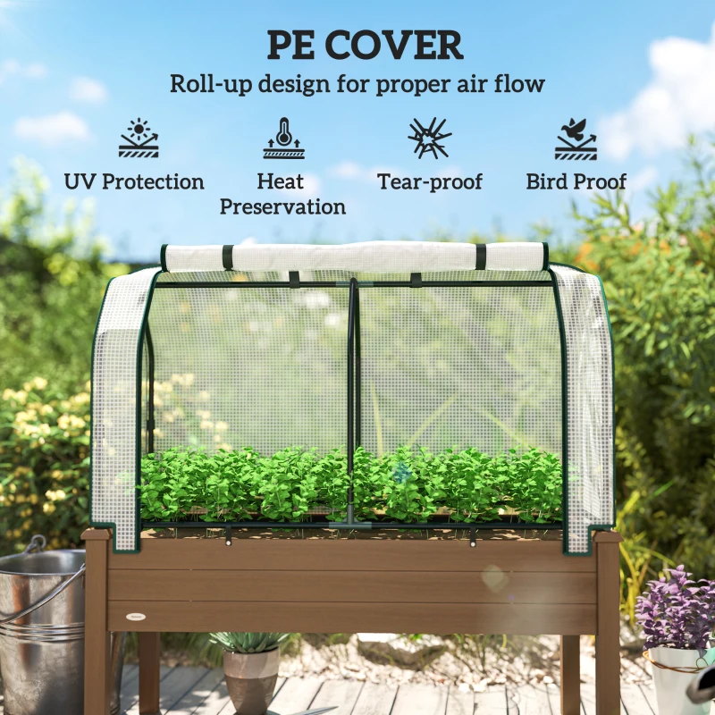 Outsunny Raised Garden Bed with PE Greenhouse Cover Outdoor Elevated Wood Planter Box for Herbs and Vegetables Brown
