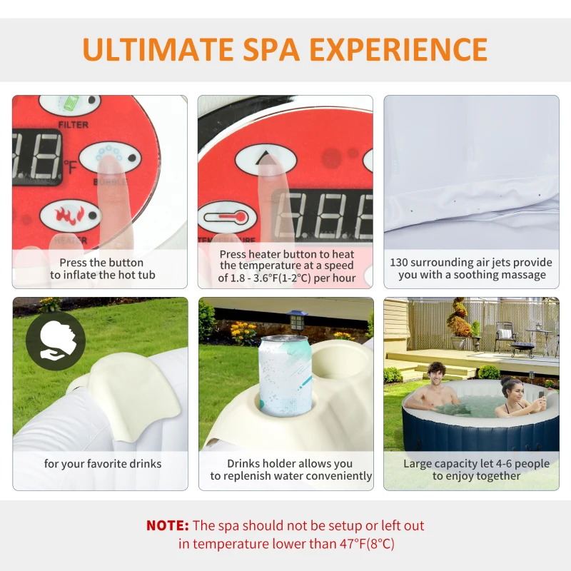 Outsunny 4-6 Person Inflatable Portable Hot Tub Outdoor Round Heated Spa with 130 Jets, Cover, Filter Cartridges, Blue