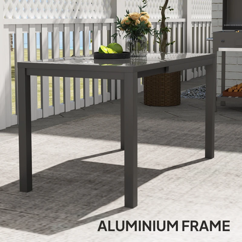 Outsunny Extendable Patio Dining Table, 33.5"-49.2" Adjustable Outdoor Dining Table for 4-6 Person, with Tempered Glass Top, Metal Frame, for Lawn, Garden, Dark Grey