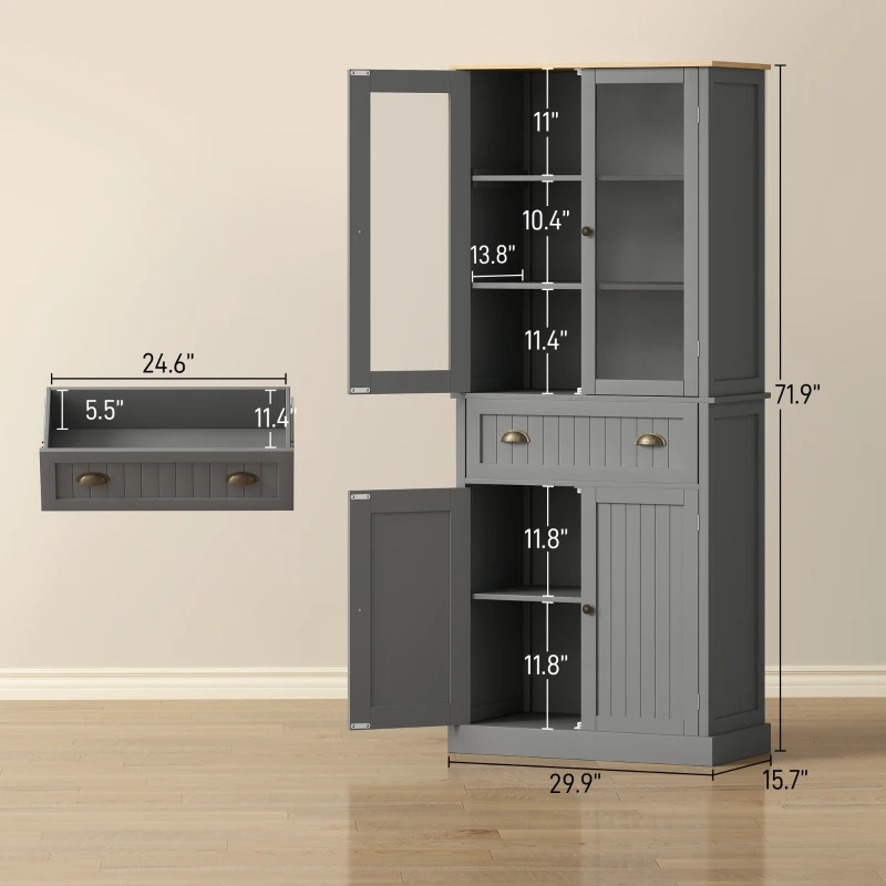 HOMCOM 72" Freestanding Kitchen Pantry Cabinet, Tall Storage Cabinet with Glass Doors, Drawer and Adjustable Shelves for Dining Room, Grey