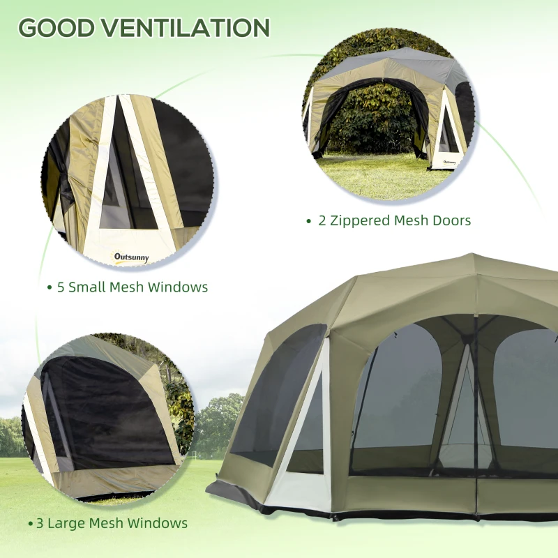Outsunny 20 Person Camping Tent, Outdoor Cabin Tent Tent with 2 Doors, Screen Room, Family Dome Tent for Hiking, Backpacking, Traveling, Easy Set Up, Army Green
