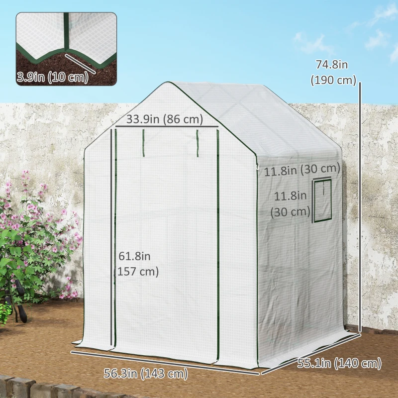 Outsunny Portable Greenhouse, Walk-In Small Outdoor Green House with 2 Tier U-Shaped Flower Rack Shelves, 4.6' x 4.7', White