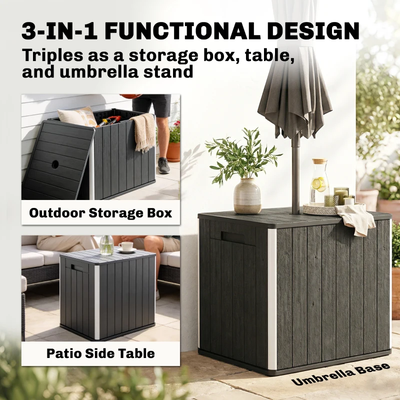 Outsunny 30 Gallon Storage Box, Outdoor Side Table with Umbrella Holder, Black