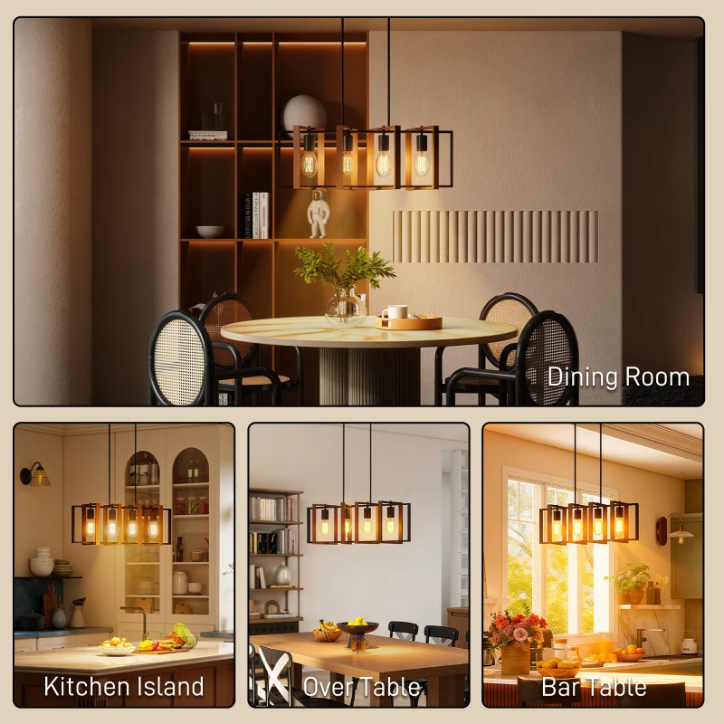 HOMCOM Farmhouse Kitchen Island Lighting, Linear Pendant Light with 4 Rotatable Frames and Adjustable Height, Walnut