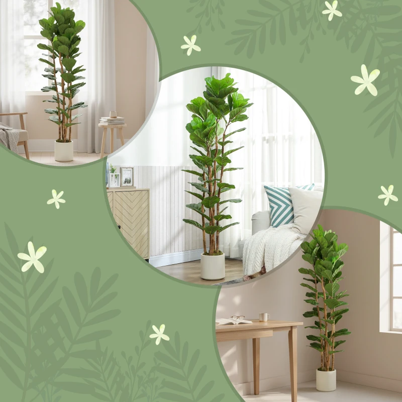 HOMCOM 6FT Artificial Fiddle Leaf Fig Tree Set of 2, Fake Potted Tree with Solid Wood Trunks for Indoor Decor, Green