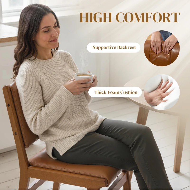 HOMCOM Set of 2 Kitchen Chairs, Button Tufted PU Leather Upholstered Dining Chairs with Rubberwood Legs for Dining Room, Brown