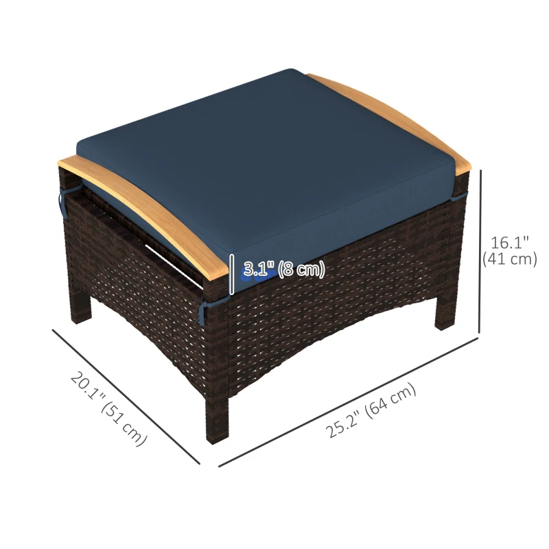 Outsunny 2 Pieces Wicker Outdoor Ottoman with Removable Cushion, Rattan Outdoor Footstool, Footrest and Side Table, Blue