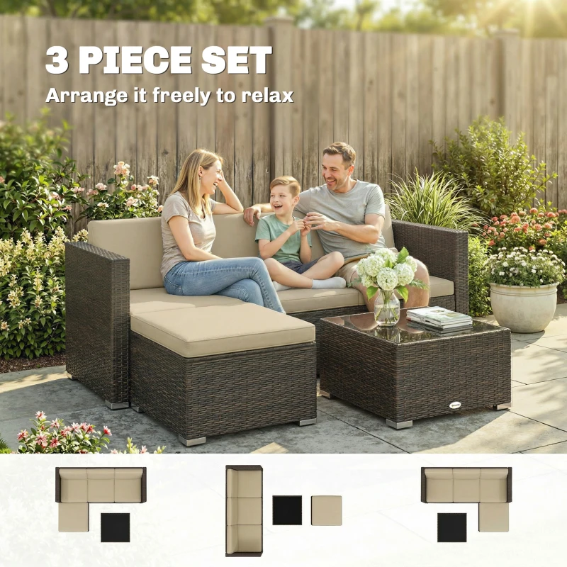 Outsunny 3 Pieces Patio Furniture Set with Cushions, Outdoor PE Rattan Wicker Conversation Corner Sofa Set, Khaki