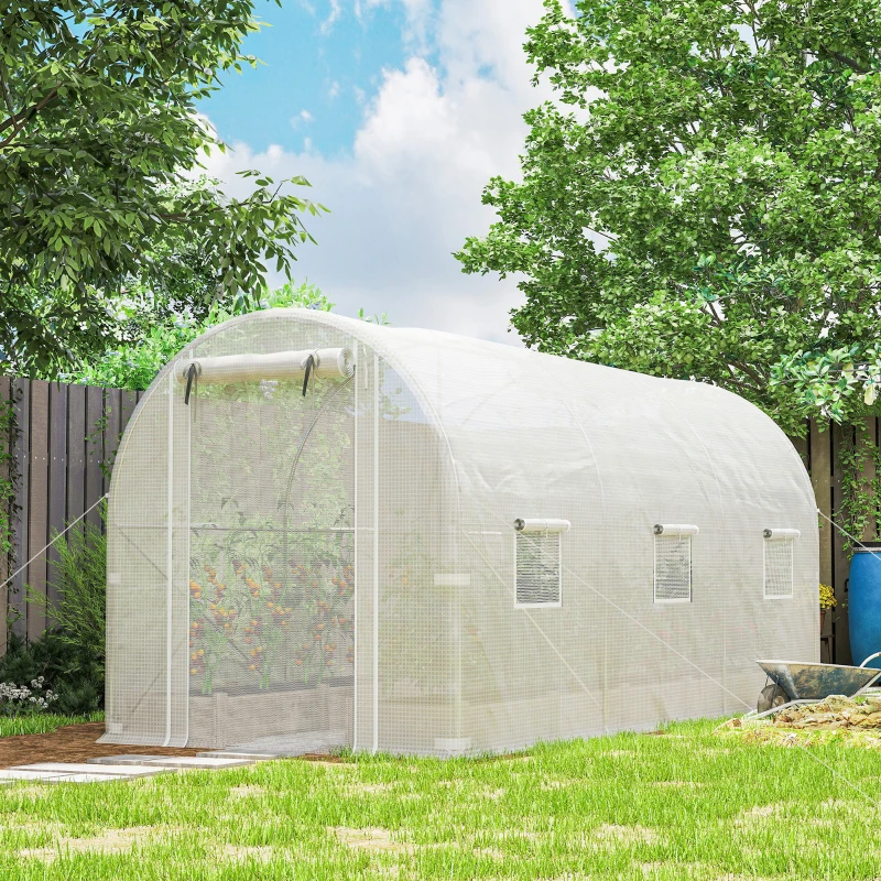Outsunny Hoop House Greenhouse, Walk-in Tunnel Greenhouse with 2 Support Rods, Zippered Roll-up Mesh Door, 14.6'x6.5'x6.6', White