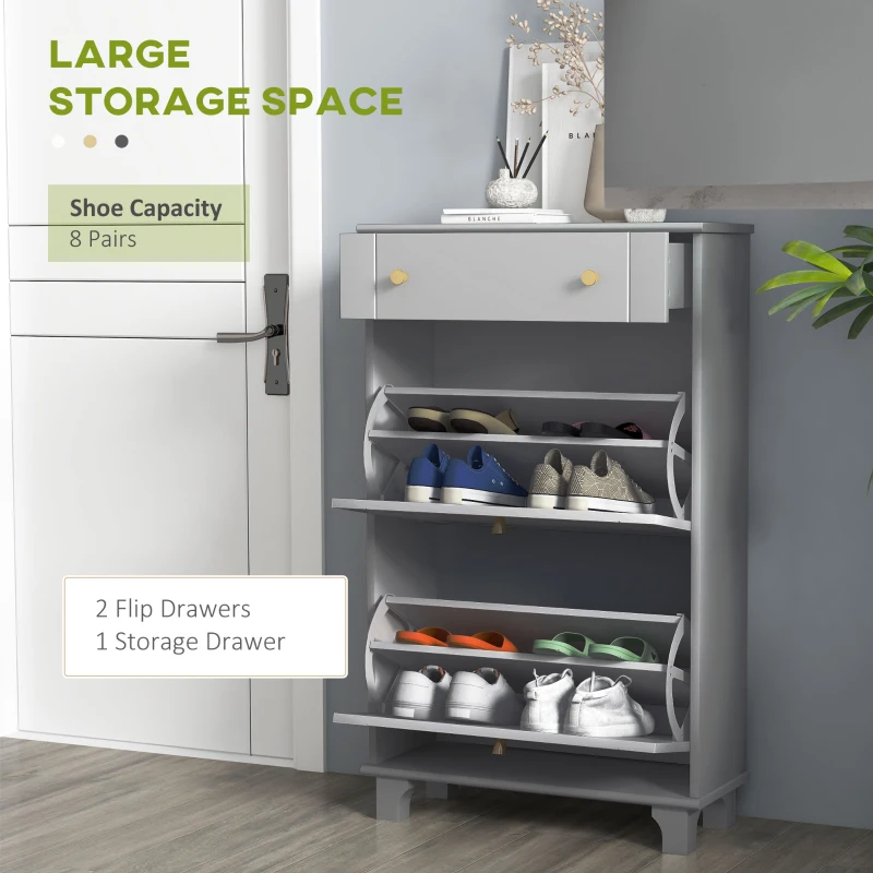 HOMCOM Slim Shoe Storage with 2 Flip Drawers and Adjustable Shelves Shoe Cabinet Organizer for 8 Pair, Grey