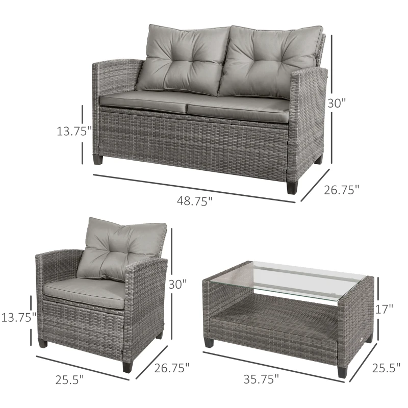 Outsunny 4 Pieces Patio Furniture Sets with Cushions, PE Rattan Wicker Conversation Chairs with Two-Tier Coffee Table for Backyard Porch Garden Poolside and Deck, Gray