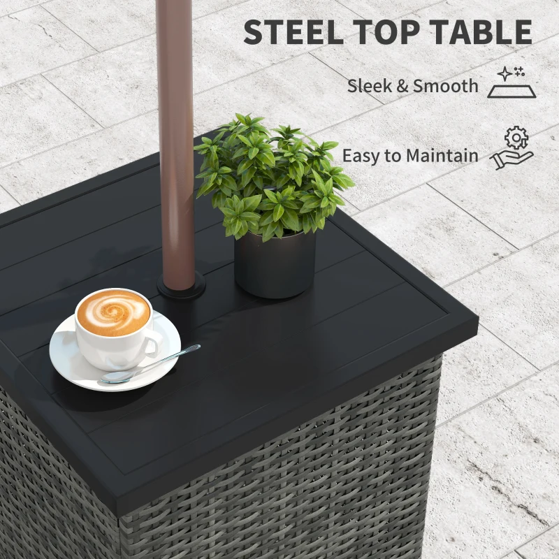 Outsunny Wicker Side Table with 1.5" Umbrella Hole, Square Outdoor End Table with UV-Resistant Frame, Storage Space, Mixed-Gray