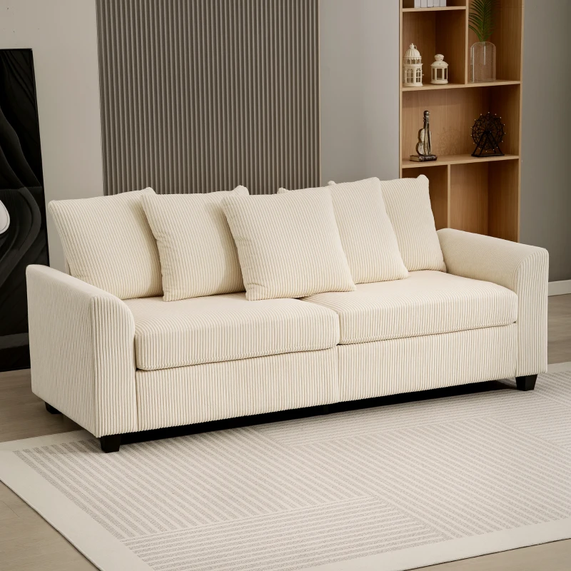 HOMCOM Corduroy Couch, 3 Seater Sofa, Modern Upholstered Couch with Curved Armrests and 8 Removable Pillows, Beige