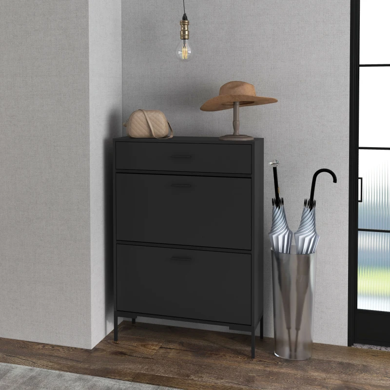 HOMCOM Modern Shoe Cabinet Storage 12 Pair Shoe Organizer with 2 Flip Doors Drawer and Adjustable Shelf Black