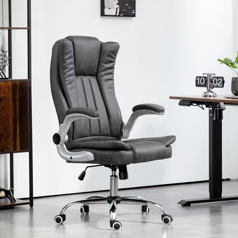 HOMCOM Microfiber Executive Office Chair, Desk Chair with Padded Flip-up Arms, Adjustable Height and Tilt Function, Gray