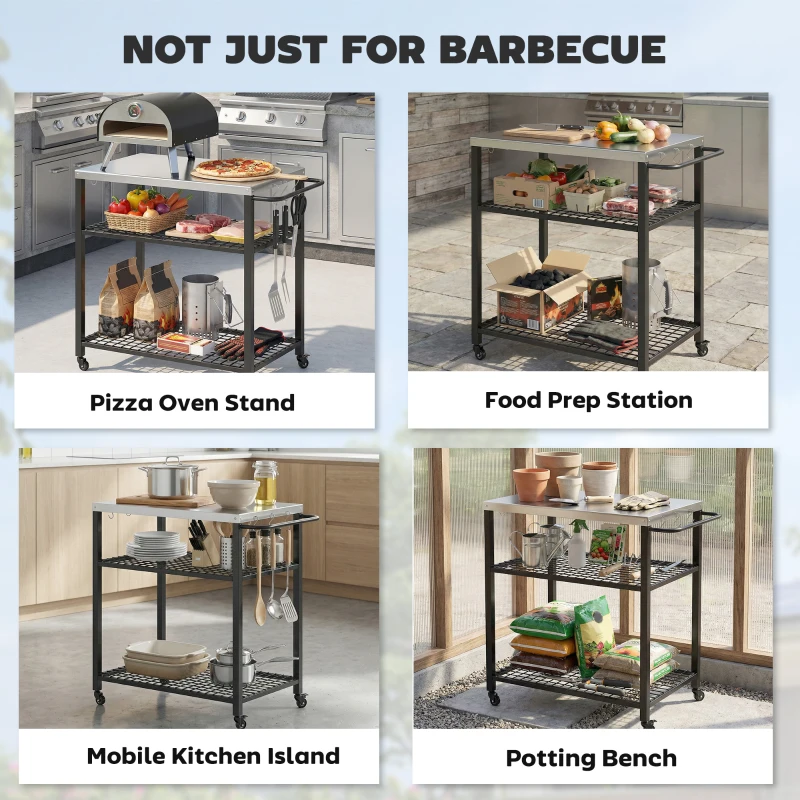 Outsunny Outdoor Grill Cart with Stainless Steel Top, Two-Shelf Pizza Oven Stand, Food Prep Table on Wheels, Black