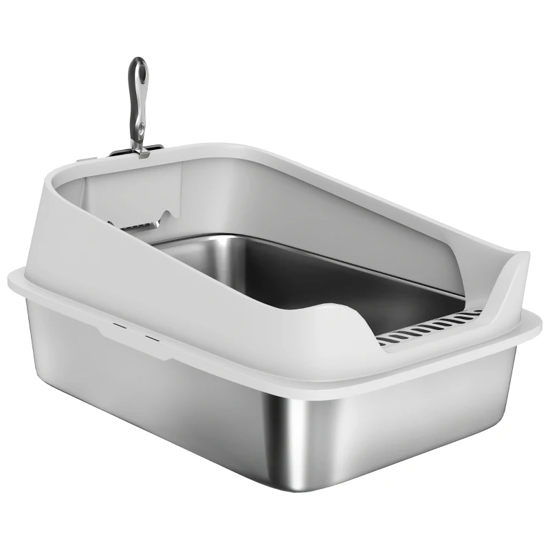 PawHut Cat Litter Box Stainless Steel with Metal Litter Scoop, Never Absorbs Odors, Anti Leakage, 24" x 16" x 12", Grey