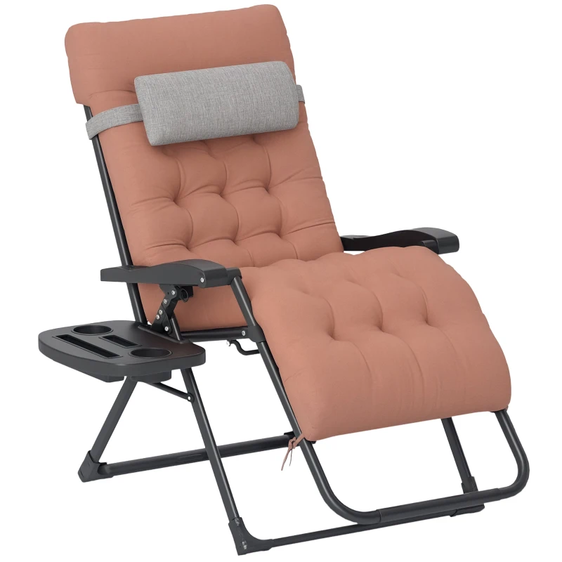Outsunny Padded Folding Recliner Chair, Patio Lounger with Cupholder, Adjustable Backrest, Removable Cushion, Khaki
