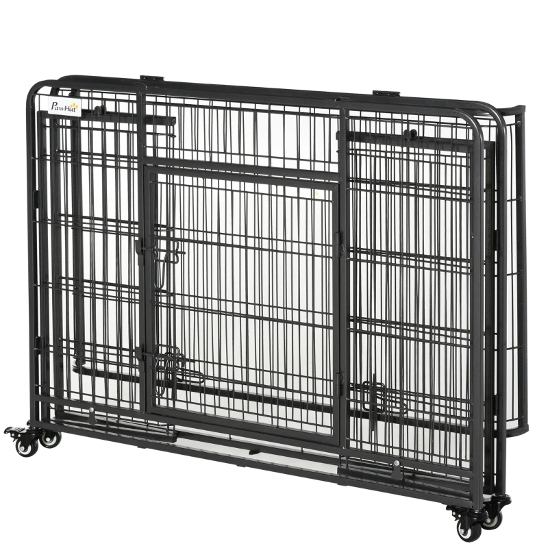 PawHut Folding Heavy Duty Dog Crate Heavy Duty Cage for Large Sized Dogs with Double Doors, Lockable Wheels Tray, 43" x 28" x 31"
