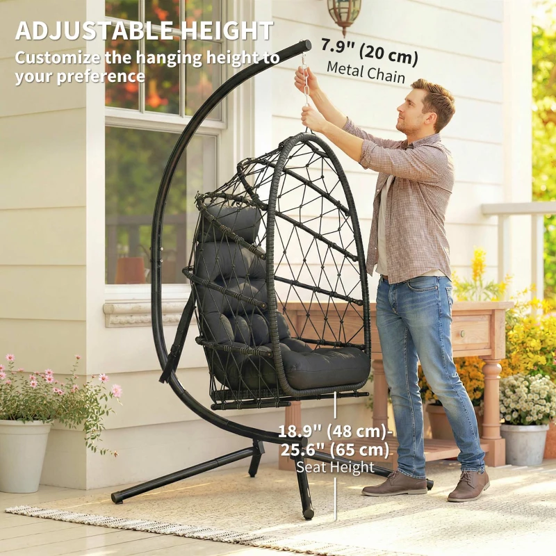 Outsunny Hanging Egg Chair with Stand, Foldable Wicker Rattan Swing Chair with Thick Cushion and Safety Rope, Black