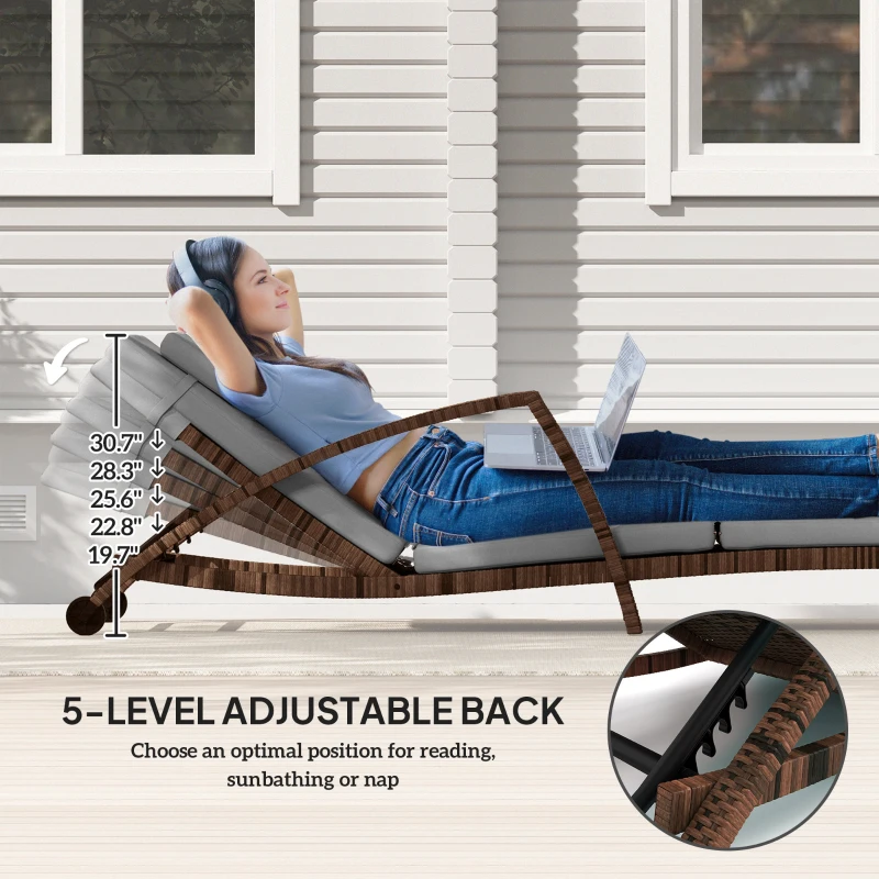 Outsunny Set of 2 Wicker Chaise Lounge Chair Outdoor Patio Lounger with 5 Adjustable Back, Wheels, Cushion, and Armrests, Gray