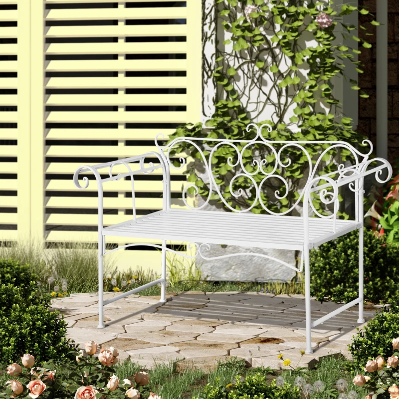 Outsunny 50" 2-Person Metal Garden Bench Outdoor Loveseat Yard Decorative Chair Park Seat Patio Furniture White