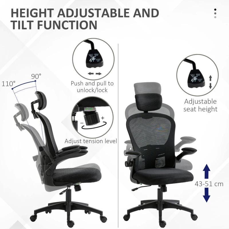 Vinsetto Office Chair, Mesh Computer Desk Chair with Adjustable Headrest, 4D Lumbar Support, Flip-up Arm, Black