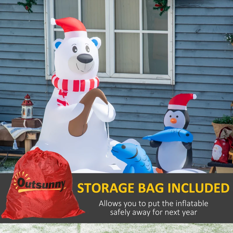 Outsunny 6ft Christmas Inflatables Outdoor Decorations Polar Bear and Penguin with Santa's Hat Fishing on Board, Blow-Up LED Yard Christmas Decor for Lawn Garden Party