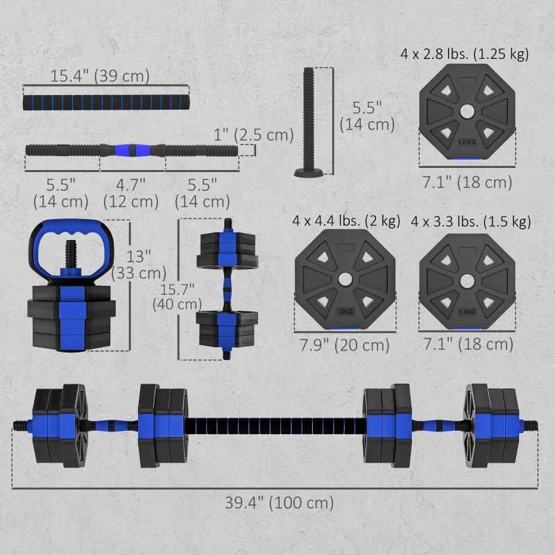 Soozier 6-in-1 Adjustable Dumbbell Set, Used as Kettlebell, Barbell, Dumbbell, Push-Up Stand, 44lbs Free Weights Set, Blue