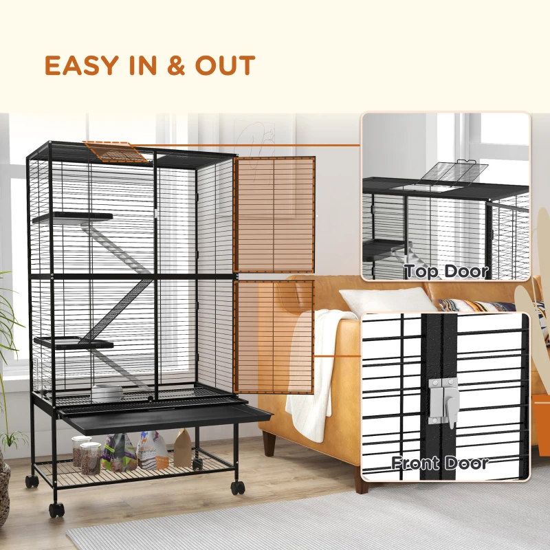 PawHut Rolling Small Animal Cage 54"H Chinchilla Cage for Ferrets, Squirrels w/ Removable Tray, Storage Shelf, Black