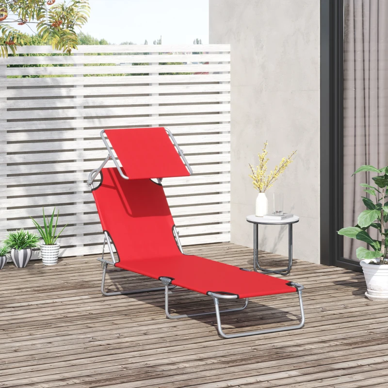 Outsunny Outdoor Lounge Chair, Adjustable Folding Chaise Lounge, Tanning Chair with Sun Shade for Beach, Camping, Hiking, Backyard, Red