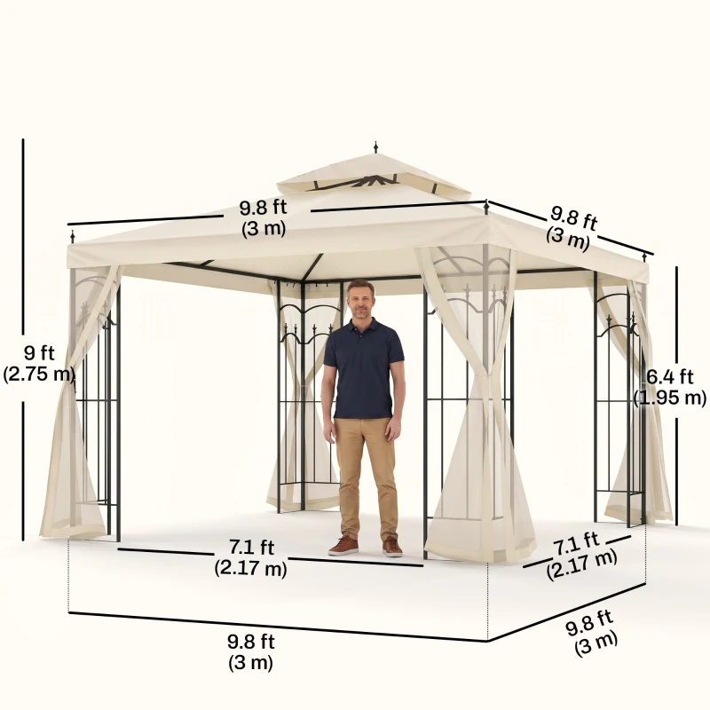 Outsunny 10' x 10' Steel Outdoor Patio Gazebo Canopy with Removable Mesh Curtains, Display Shelves, & Steel Frame, Beige