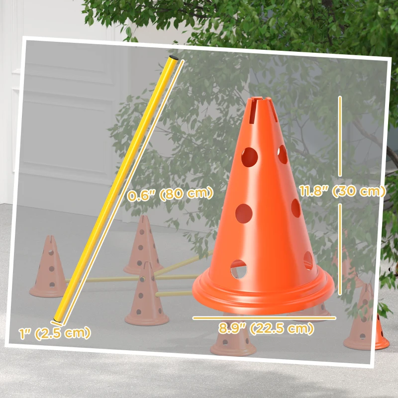 PawHut Dog Agility Hurdle Cone Set, Adjustable Obstacle Course Equipment with 8 Cones & 8 Poles, Carry Bag, Orange