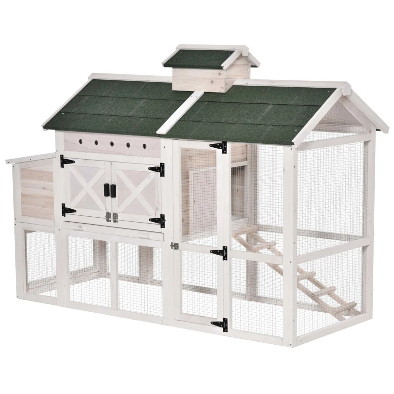 PawHut Wooden Chicken Coop Hen House with Removable Tray and Nest Box, 71" Rabbit Hutch and Poultry Cage with Ventilated Holes , White